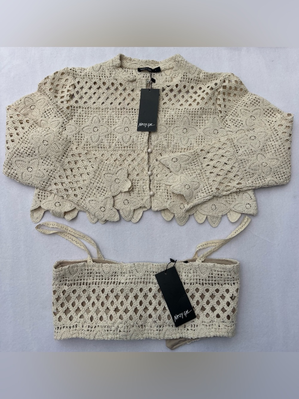 Nasty Gal Cream Crochet Crop Cardigan & Bralette Set